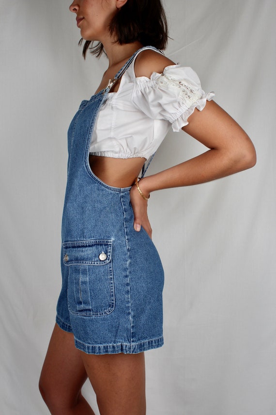 90s small medium denim romper size 6 short overalls collared top blue jean suit womens vintage clothing country western streetwear fun