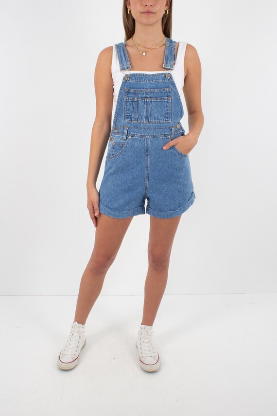 90s Mid Blue Cotton Denim Short Overalls | Womens