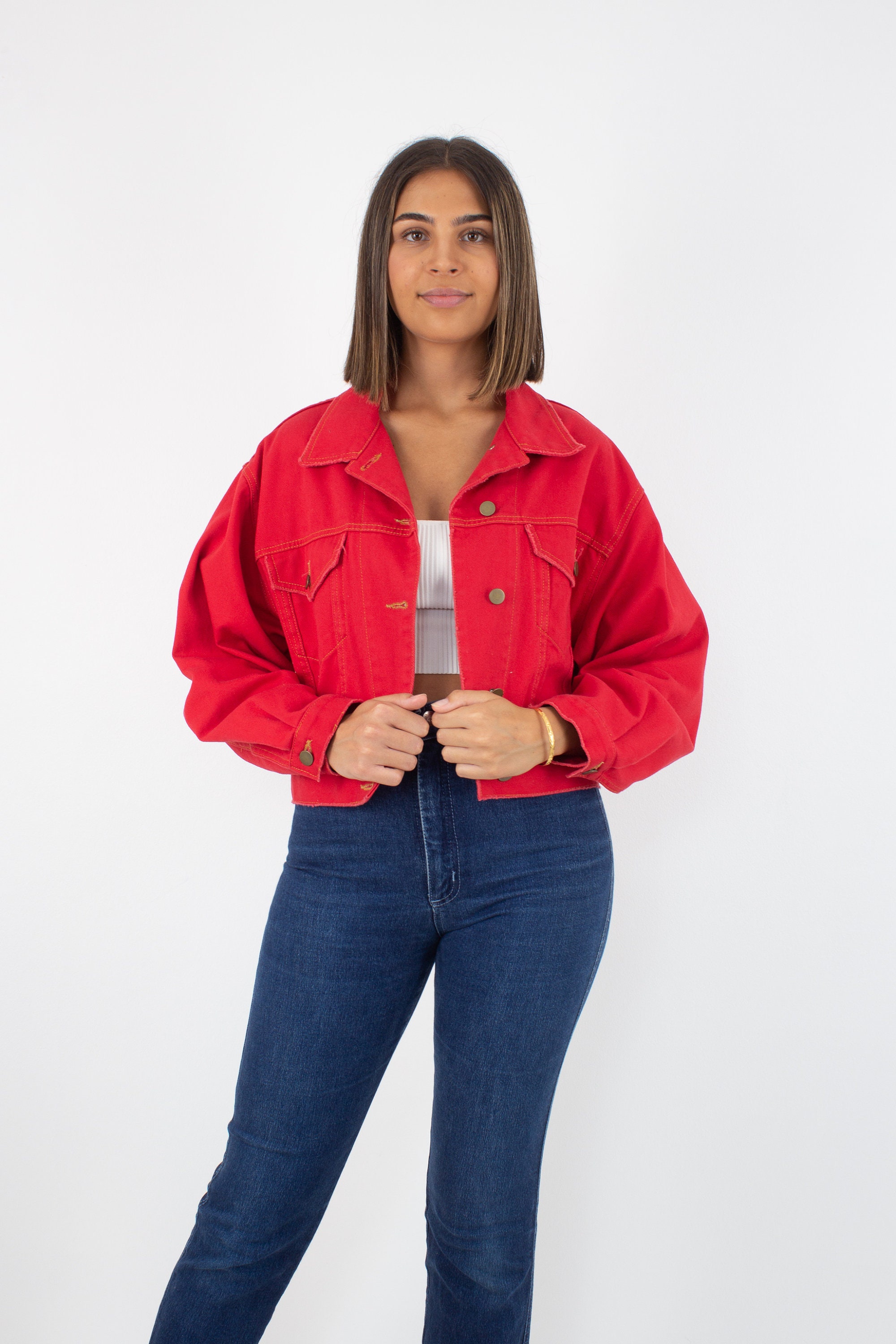 80s 1980s Bright Red Cropped Denim Jacket Free Size XS/S/M/L - Etsy