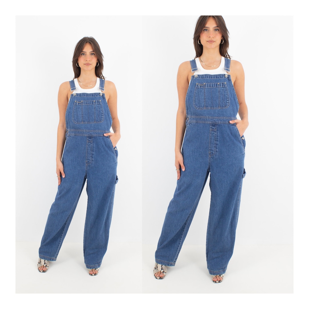 90s 1990s Dark Blue Long Denim Overalls | Unisex Mens Ladies