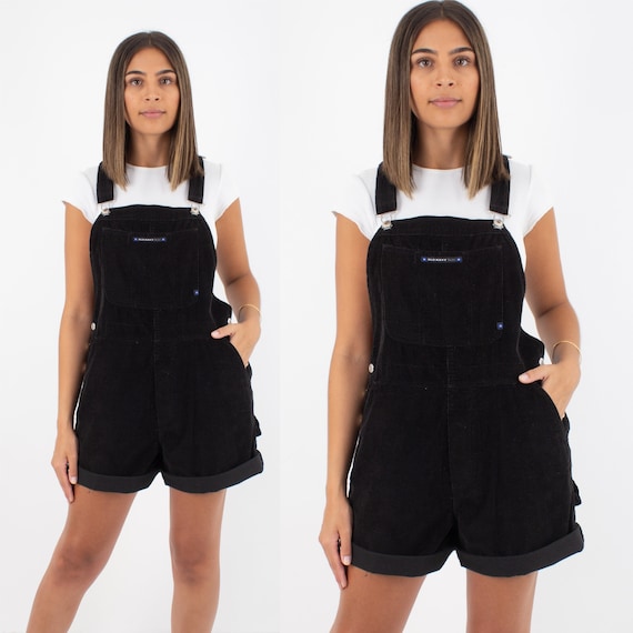 90s 1990s Black Cord Corduroy Short Overalls | Wom