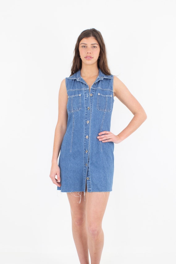 90s 1990s Mid Medium Blue Chambray Denim Cotton S… - image 2