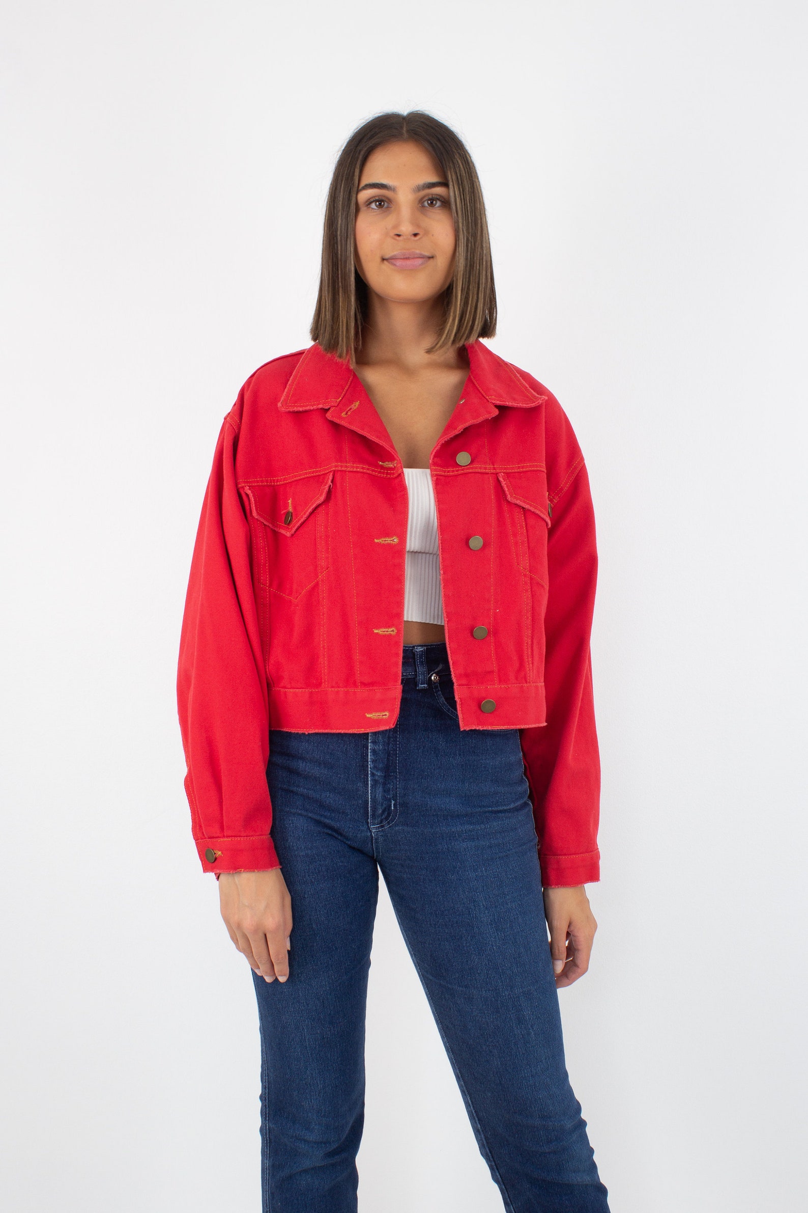 80s 1980s Bright Red Cropped Denim Jacket Free Size XS/S/M/L - Etsy