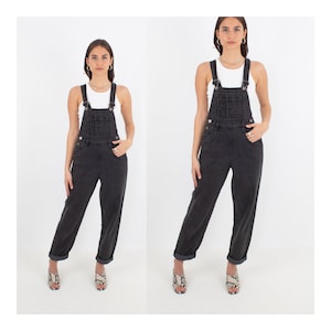 90s 1990s Long BLACK Denim Overalls | Unisex Mens Ladies Womens Girls | Trouser Pant Overalls Jean Dungarees Jumpsuit Coverall - Size XS