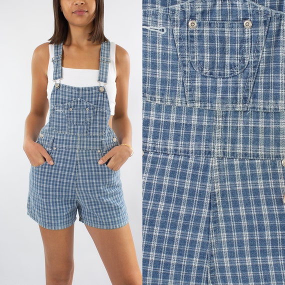 90s Denim Overalls in Blue Gingham Check | Short O