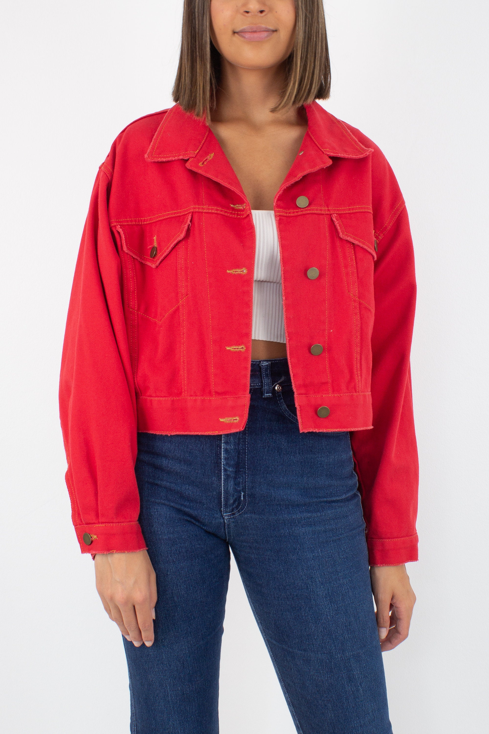 Red denim jacket cropped sales