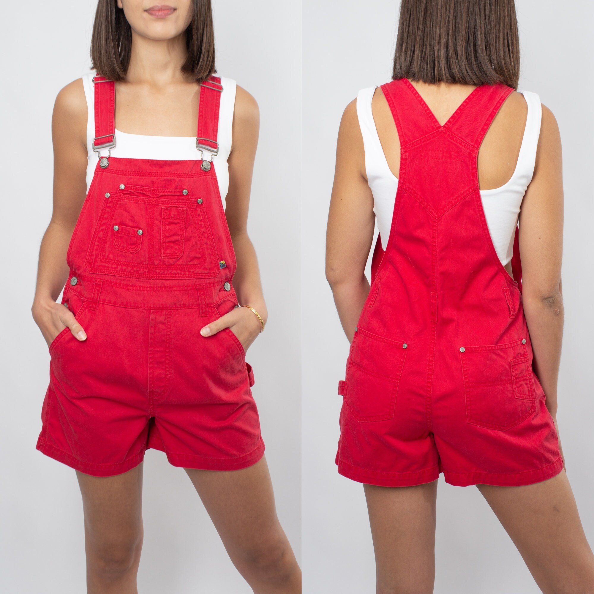 90s 1990s Red Denim Short Overalls Cotton Overalls Womens Etsy