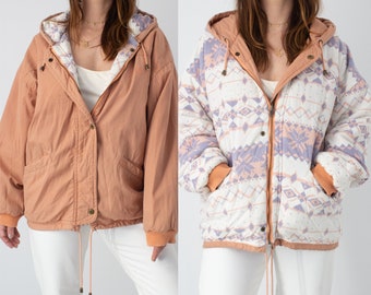 Reversible Peach Print Hooded Jacket - Free Size