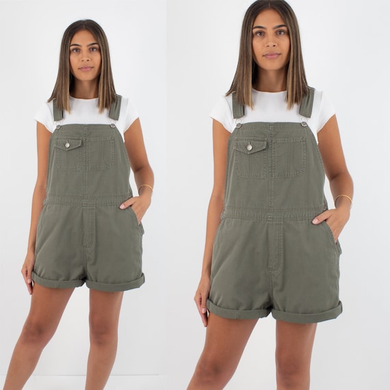 90s 1990s Khaki Green Short Denim Cotton Overalls… - image 1