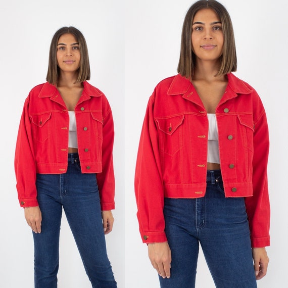 Deep Red Cropped Denim Jacket