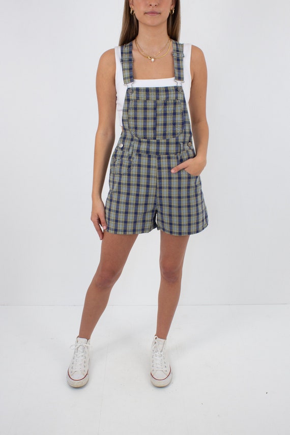 90s Blue & Green Check Cotton Denim Short Overalls