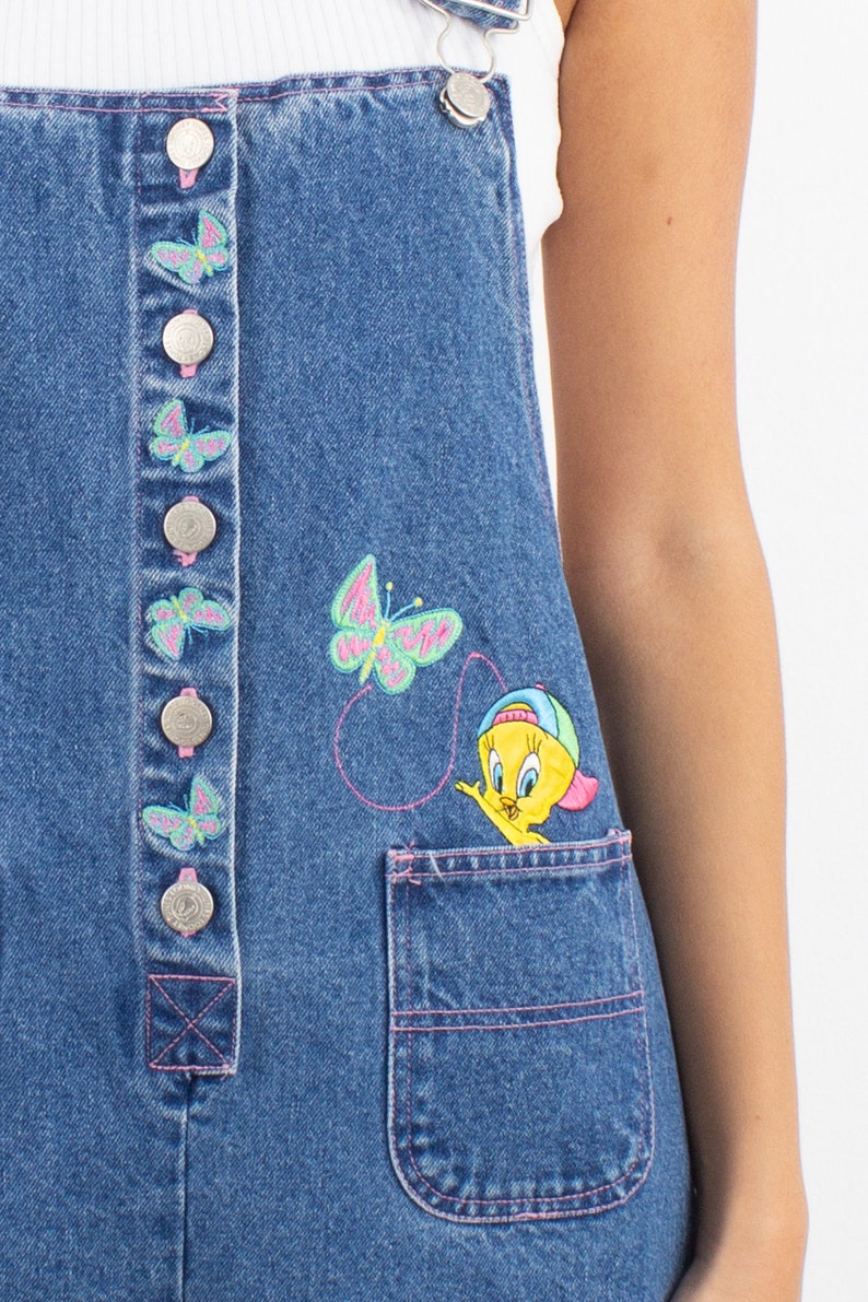 90s 1990s Tweety Bird Short Blue Denim Cotton Overalls Official Looney Tunes Womens Ladies Girls Denim Overalls Dungarees Size XS/S image 3