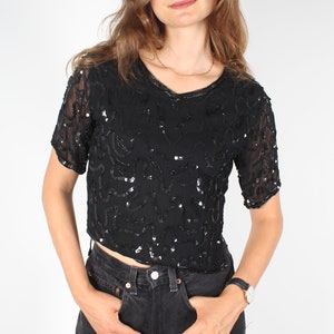 Vintage Cropped Black Sequin & Beaded Midriff Party Top / Size XS/S