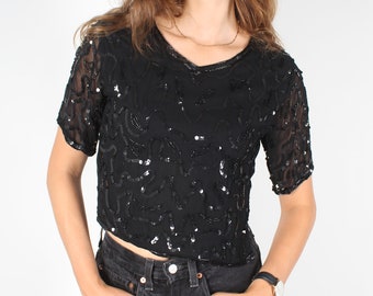 Vintage Cropped Black Sequin & Beaded Midriff Party Top | Size XS/S