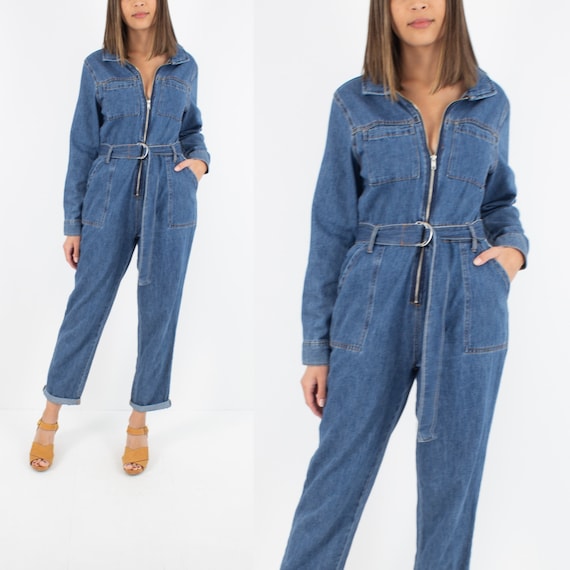 70s 1970s Style Dark Blue Denim Jumpsuit Playsuit