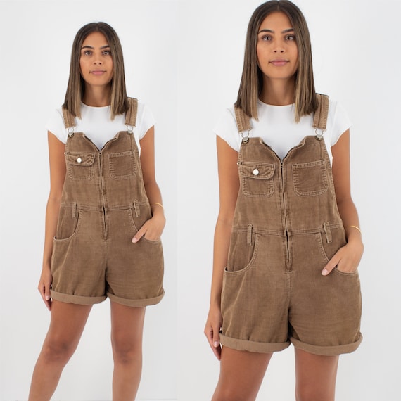 90s 1990s Brown Cord Corduroy Short Overalls Dunga