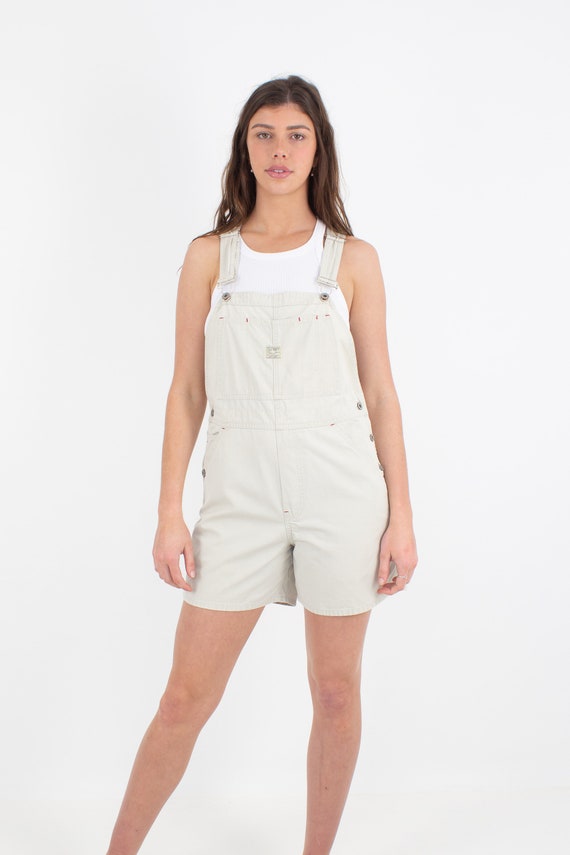 90s 1990s Beige Cream White Denim Overalls | Shor… - image 2