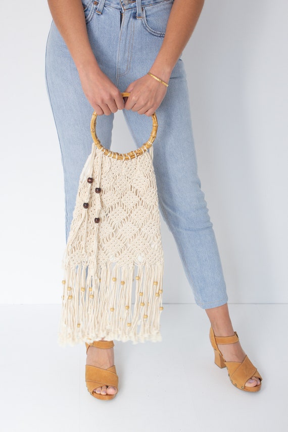 70s Cream Macrame Bag with Wooden Handles