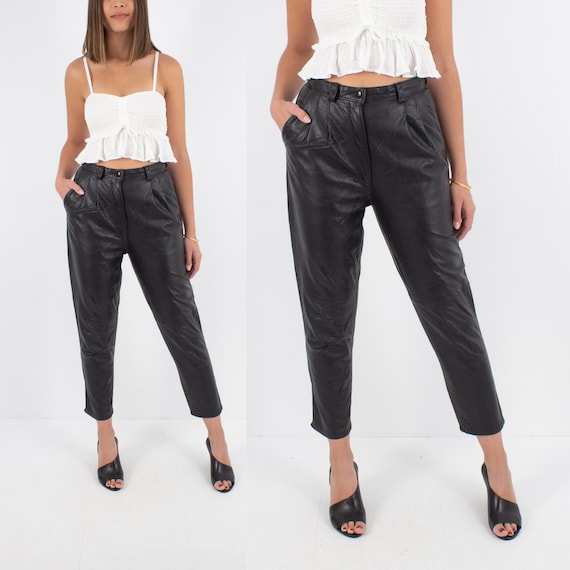 80s 1980s Black Leather High Waist Pants Trousers