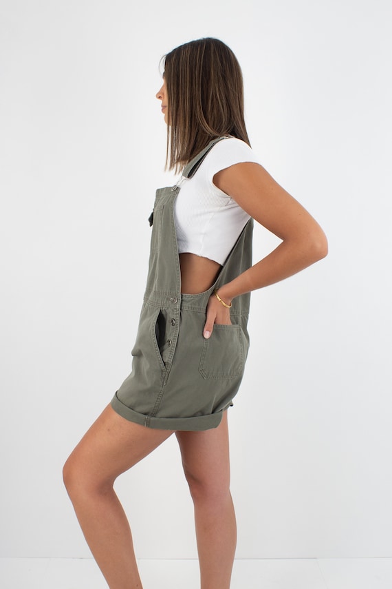 90s 1990s Khaki Green Short Denim Cotton Overalls… - image 4