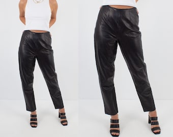 Black Genuine Leather High Waist Pants Trousers - Size XS / 24"