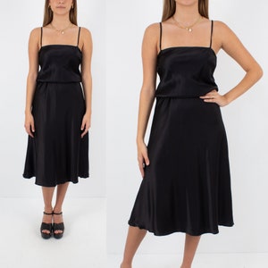 90s Black Silk Midi Dress | Pure Silk Dress | Bias Cut Silk Dress | Cocktail Party Evening Formal Prom Bridesmaid Dress - Size XS S M