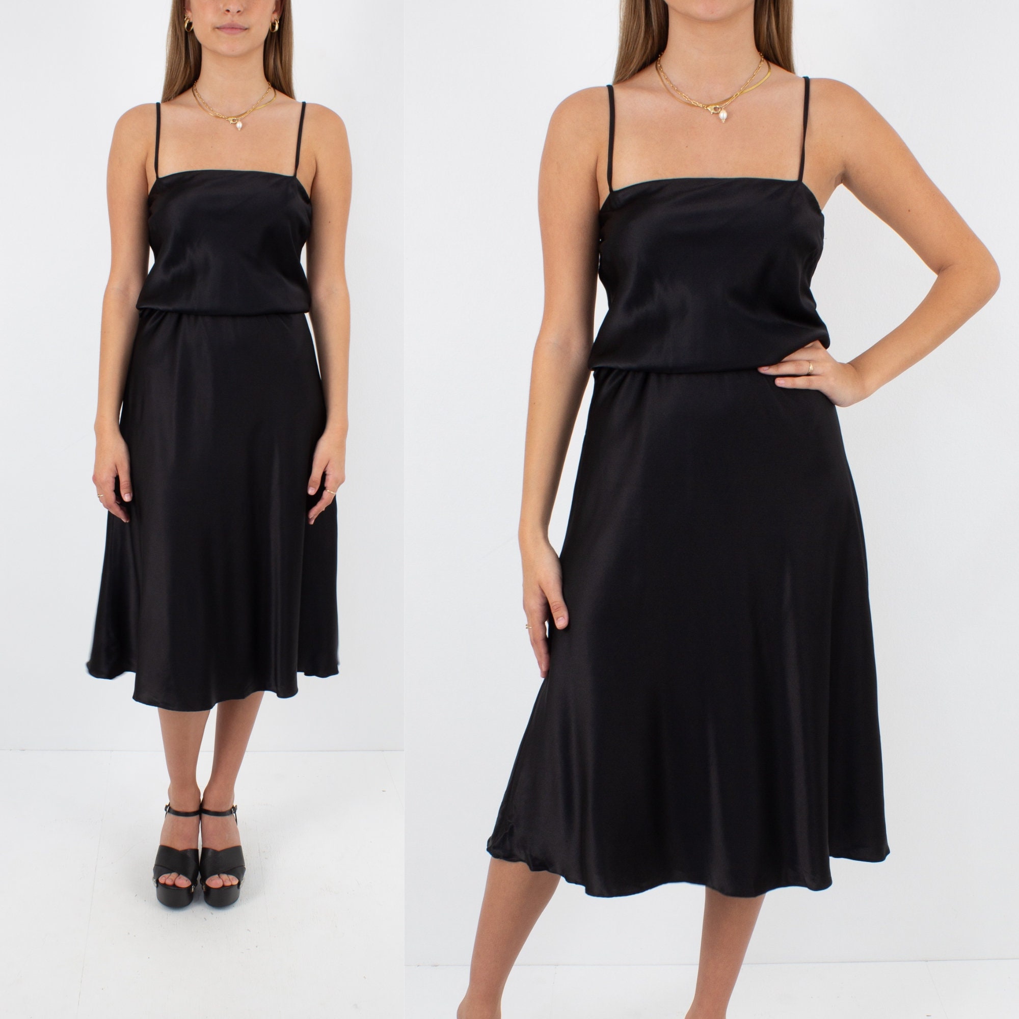 90s Black Silk Midi Dress | Pure Silk Dress | Bias Cut Silk Dress | Cocktail Party Evening Formal Prom Bridesmaid Dress - Size XS S M