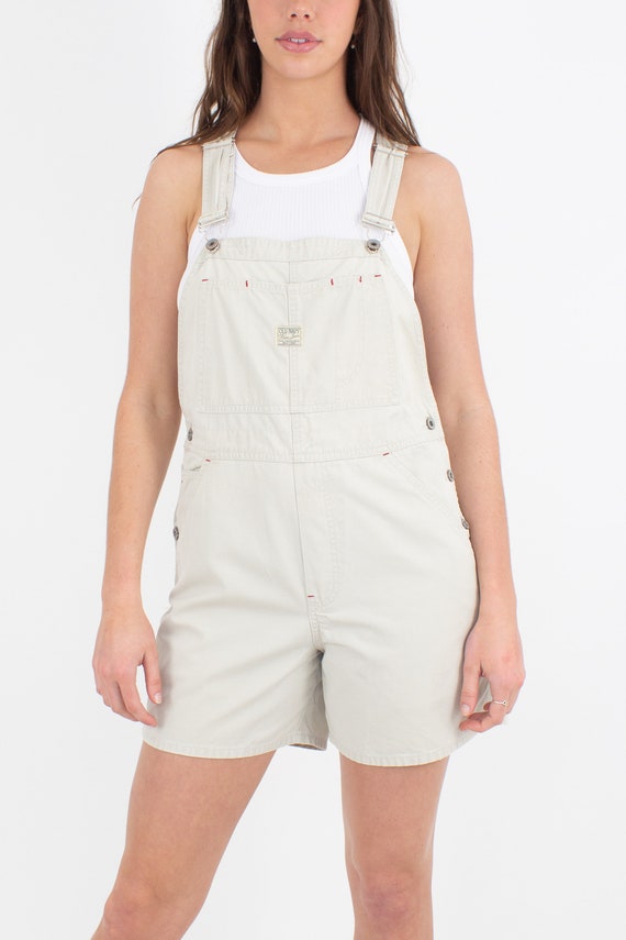 90s 1990s Beige Cream White Denim Overalls | Shor… - image 3