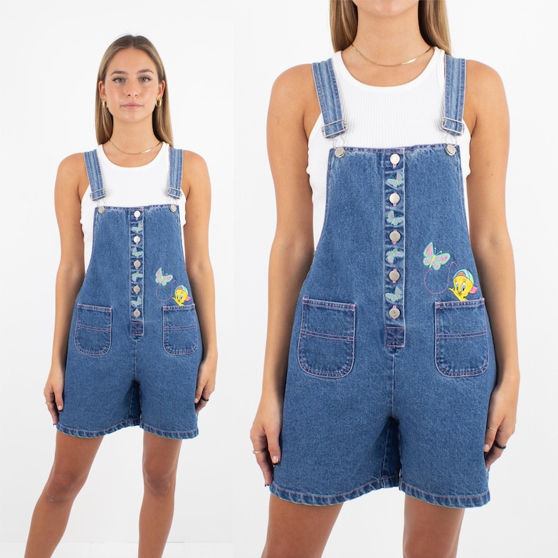 90s 1990s Tweety Bird Short Blue Denim Cotton Overalls Official Looney Tunes Womens Ladies Girls Denim Overalls Dungarees Size XS/S image 1