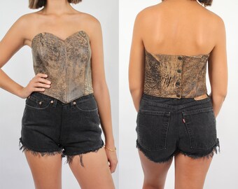 Vintage Acidwash Leather Sexy Corset Bustier Sweetheart Neck Tube Top | Size M | AU/UK 10 | US 6