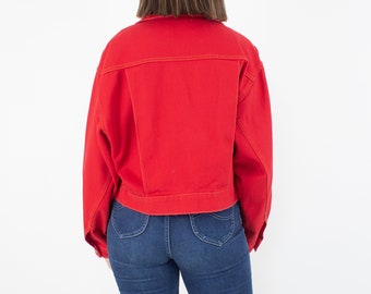 80s 1980s Bright Red Cropped Denim Jacket - Free Size XS/S/M