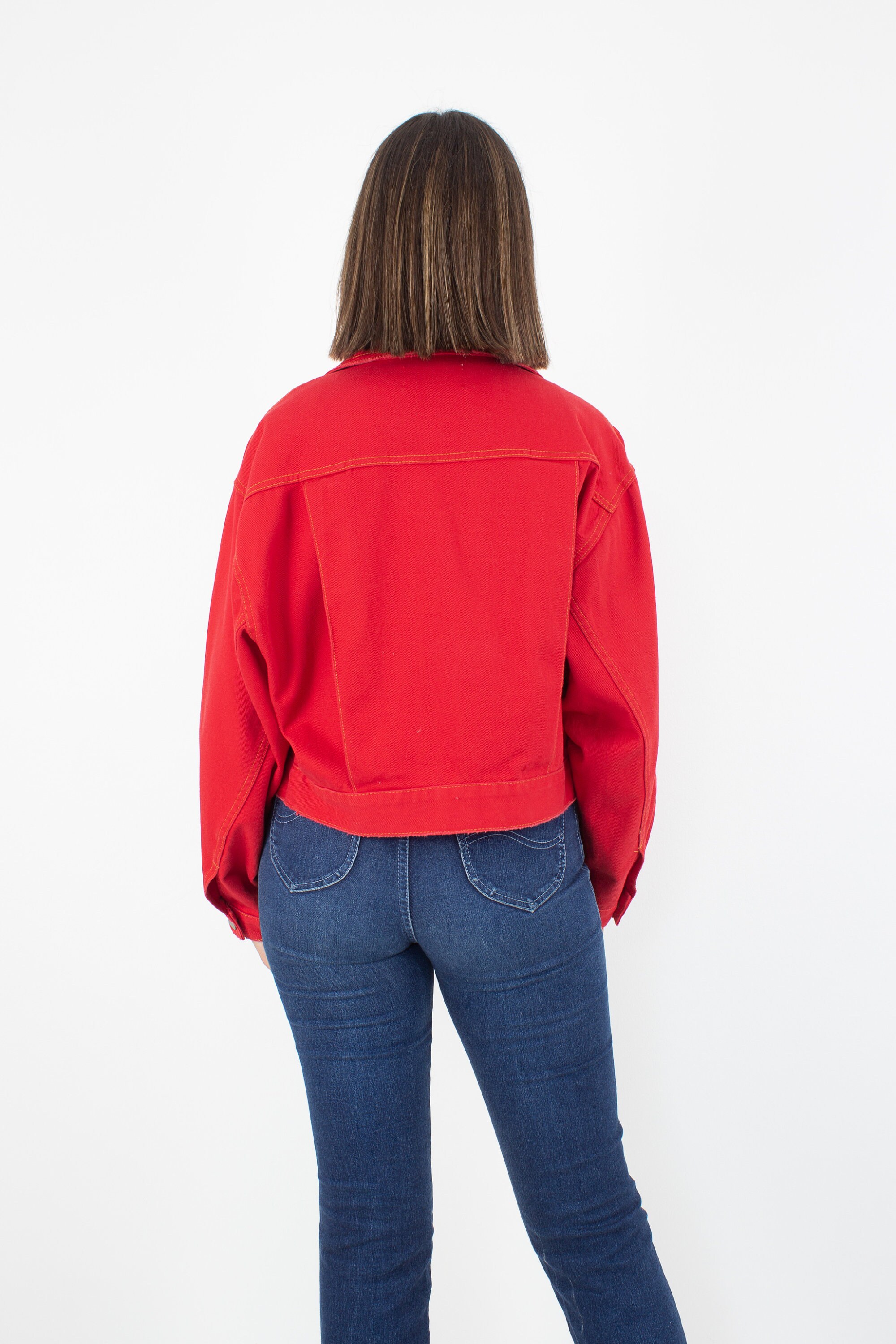 80s 1980s Bright Red Cropped Denim Jacket Free Size XS/S/M/L - Etsy
