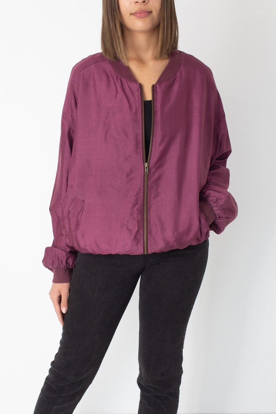 80s 90s Magenta Pure Silk Bomber Jacket Unisex Me… - image 1