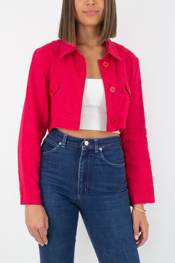 Bright Red Cropped Linen Jacket Shirt Blouse | Pu… - image 8