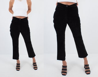 Black Cropped Genuine Suede Leather Pants Trousers - High Waist - Size S / 26"