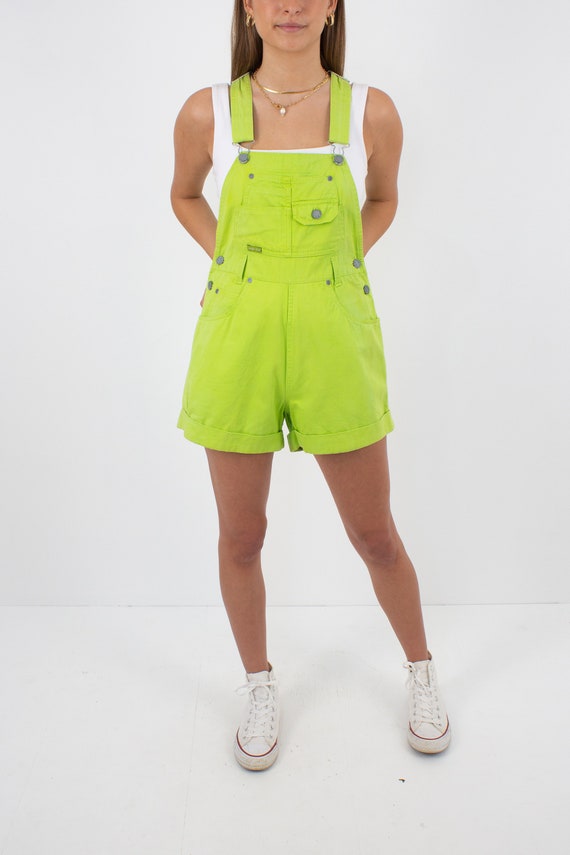 90s Bright Lime Green Cotton Denim Short Overalls