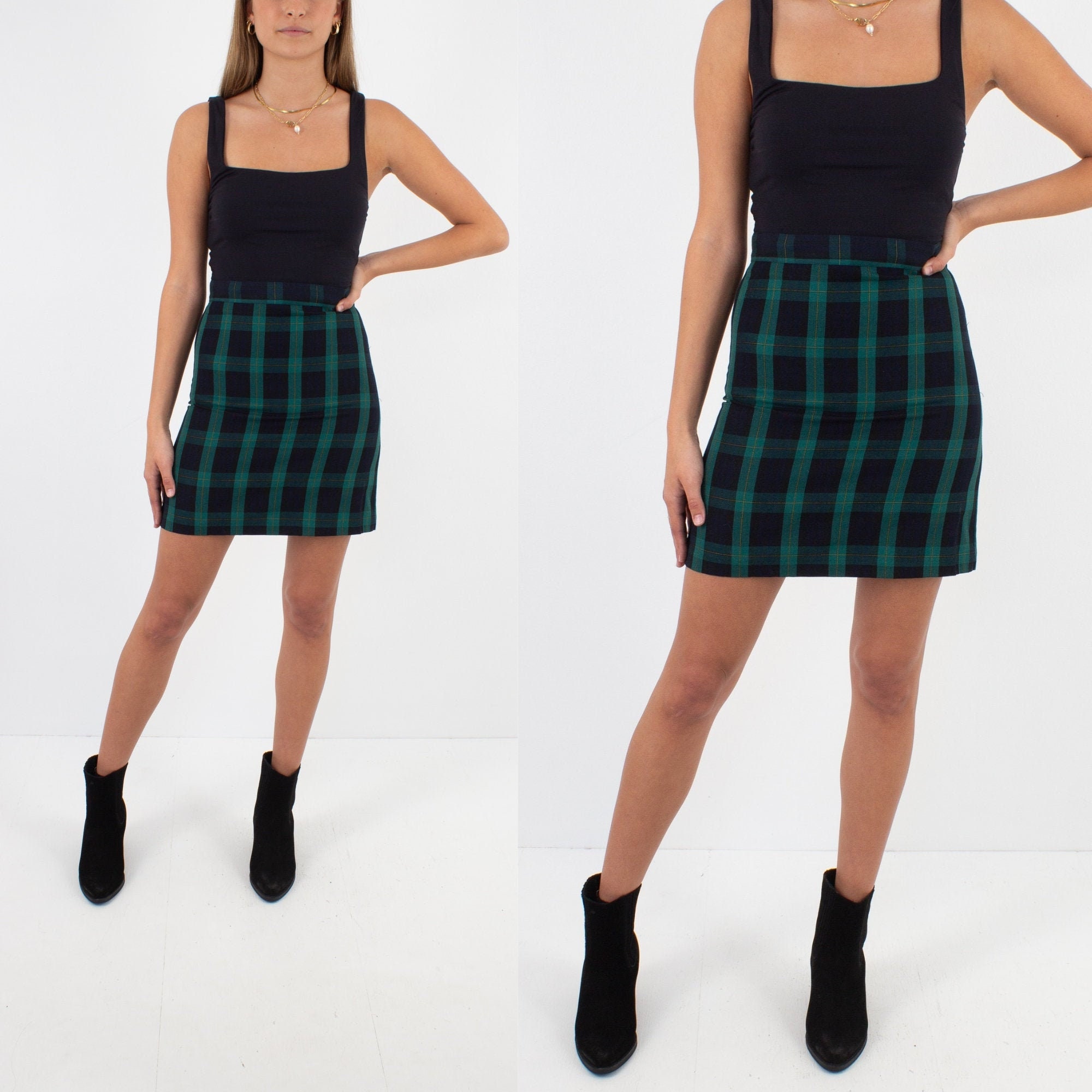 90s 1990s Black Green Check Plaid Mini Skirt Womens Ladies Girls Mini Skirt Size XS 25 Etsy