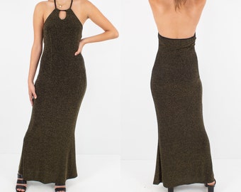 90s / Y2K Gold Lurex Halter Maxi Dress | Stretch | Body Con Cocktail Evening Party Formal Prom Sexy Dress - Size S/M