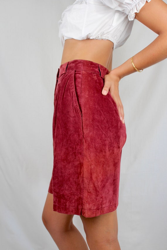 Vintage High Waist Dark Red Suede Leather Bermuda… - image 6