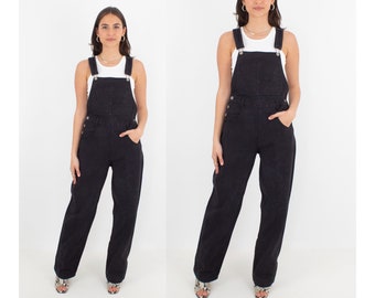 90s 1990s Long BLACK Denim Overalls | Unisex Mens Ladies Womens Girls | Trouser Pant Overalls Jean Dungarees Jumpsuit Coveralls - Size XS/S