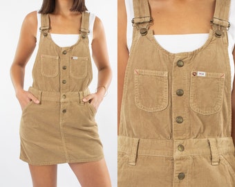 90s / Y2K LEE Cord Corduroy Mini Dress in Tan - Short Dress - Boho Cord Dress - Size S/M