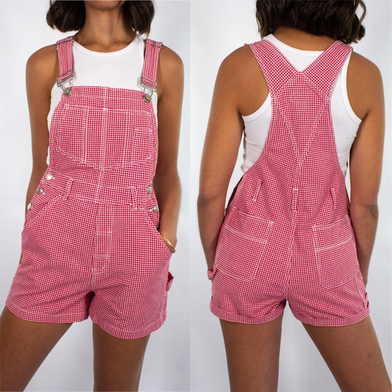 Vintage 90s Gingham Red White Check Overalls Women