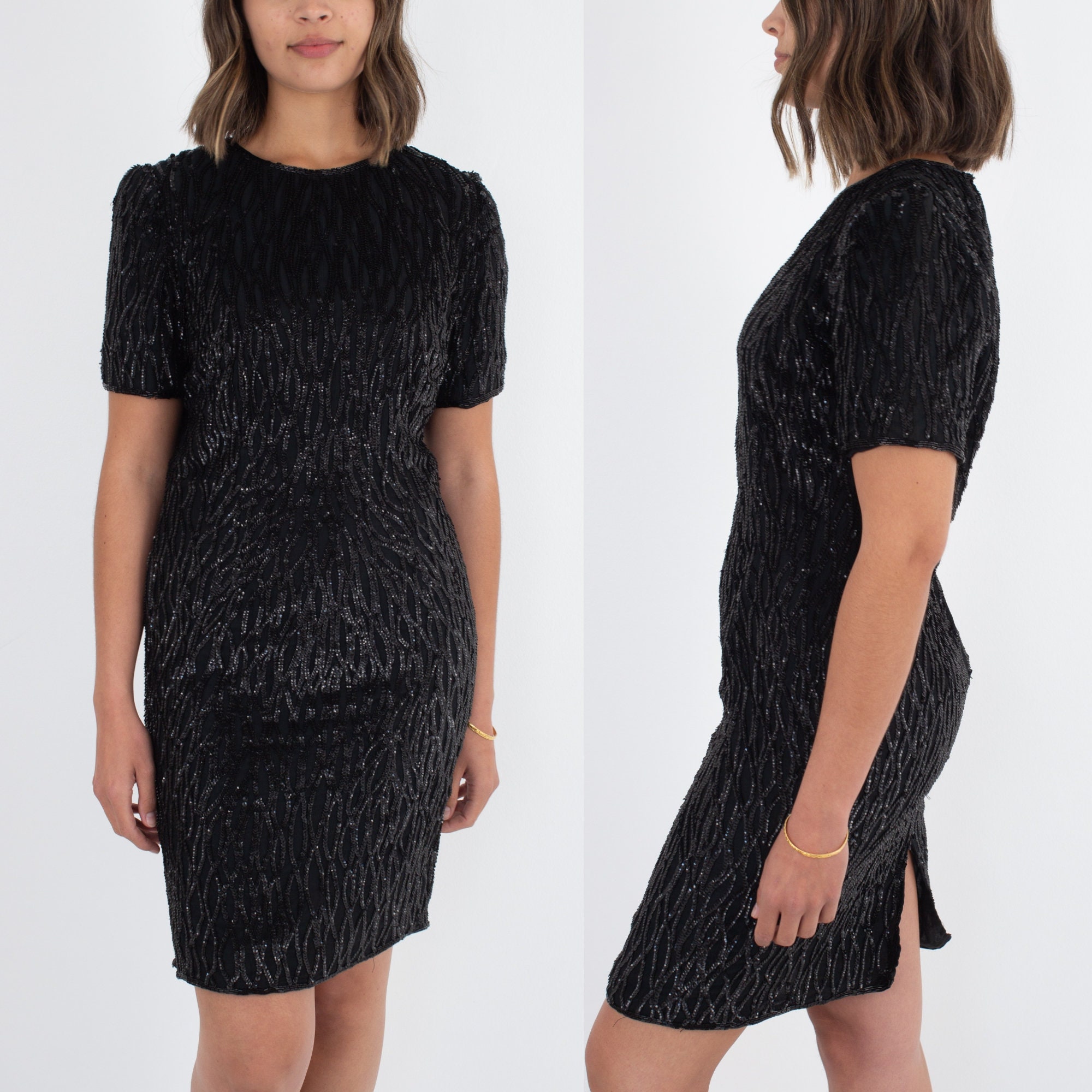 Black Silk Sequinned Evening Party Sexy Dress - Size S