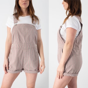 90s 1990s RED & Green Check Denim Cotton Overalls | GINGHAM Overalls | Womens Ladies Girls Short Overalls Dungarees - 3 Sizes S, L + XL