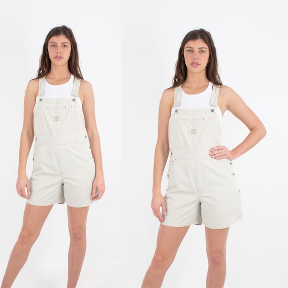 90s 1990s Beige Cream White Denim Overalls | Shor… - image 1