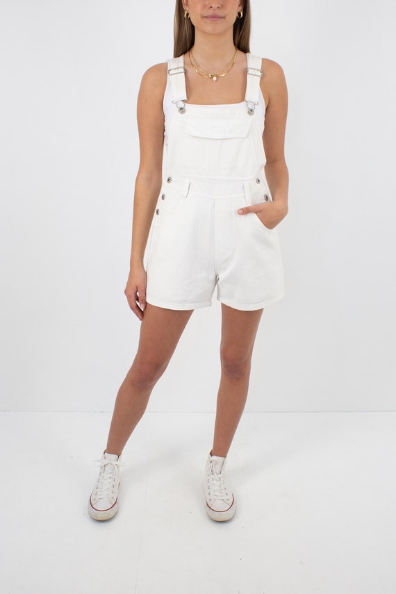 90s White Cotton Denim Short Overalls - Size XS/S