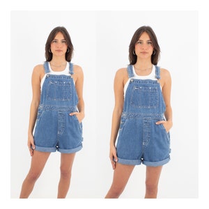 90s 1990s Dark Blue Denim Cotton Overalls | Spring Summer Dungarees | Womens Ladies Girls Short Overalls (#10DARK) - 3 Sizes S, M & L