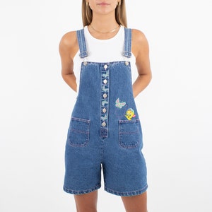 90s 1990s Tweety Bird Short Blue Denim Cotton Overalls Official Looney Tunes Womens Ladies Girls Denim Overalls Dungarees Size XS/S image 4