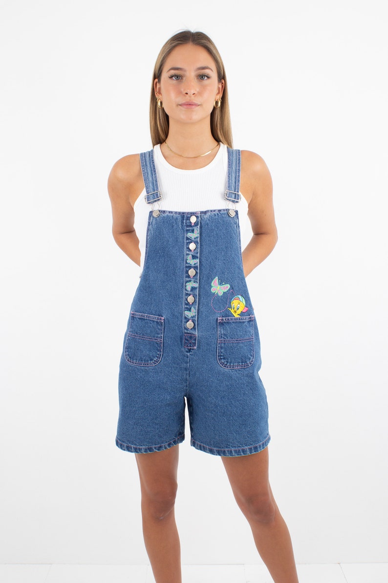 90s 1990s Tweety Bird Short Blue Denim Cotton Overalls Official Looney Tunes Womens Ladies Girls Denim Overalls Dungarees Size XS/S image 4