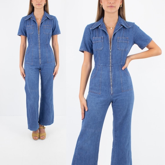 70s 1970s Indigo Blue Denim Jumpsuit Pantsuit | 70